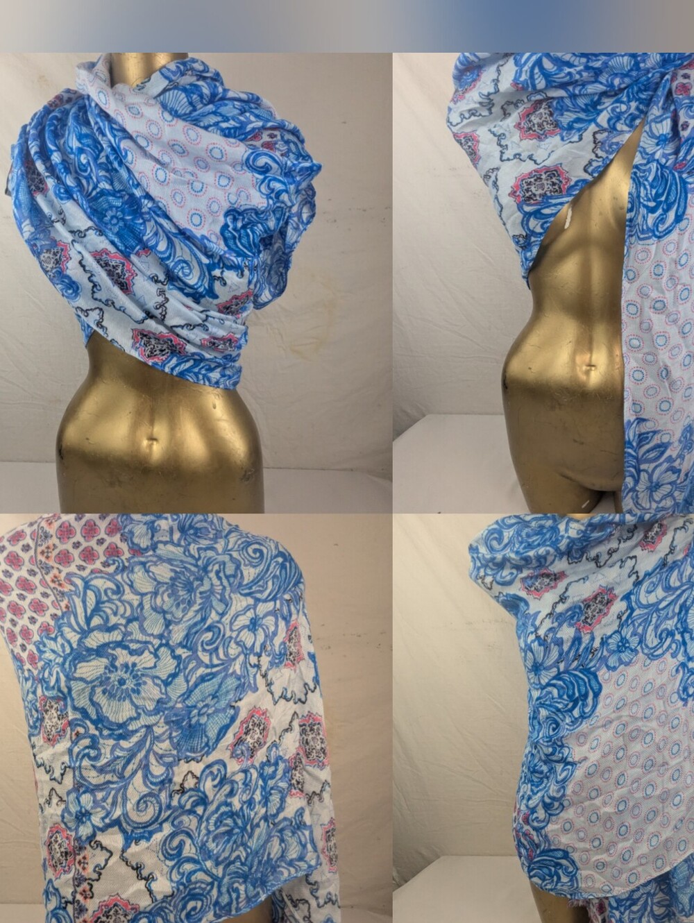 Nordstrom Blue & White Large Floral Paisley Scarf Wrap 72"x 50"